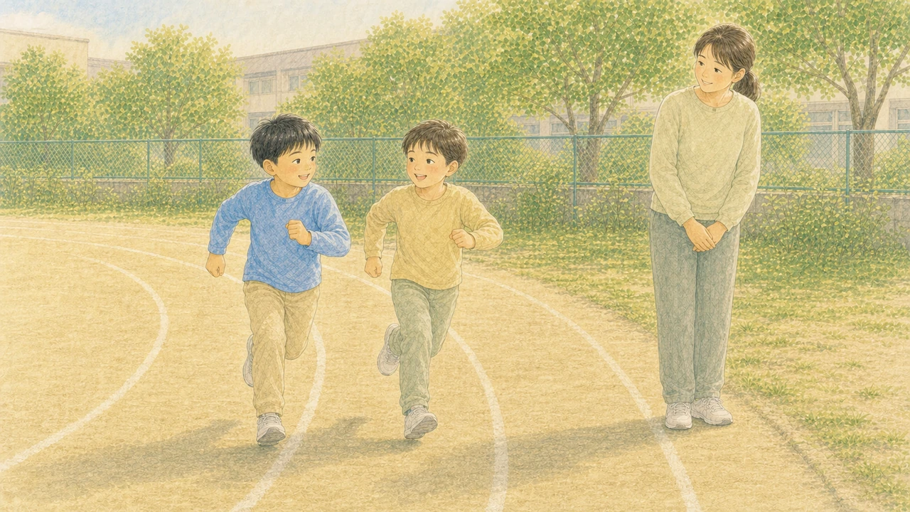 並んで走る二人の子どもを、保護者が見比べている様子（イラスト）