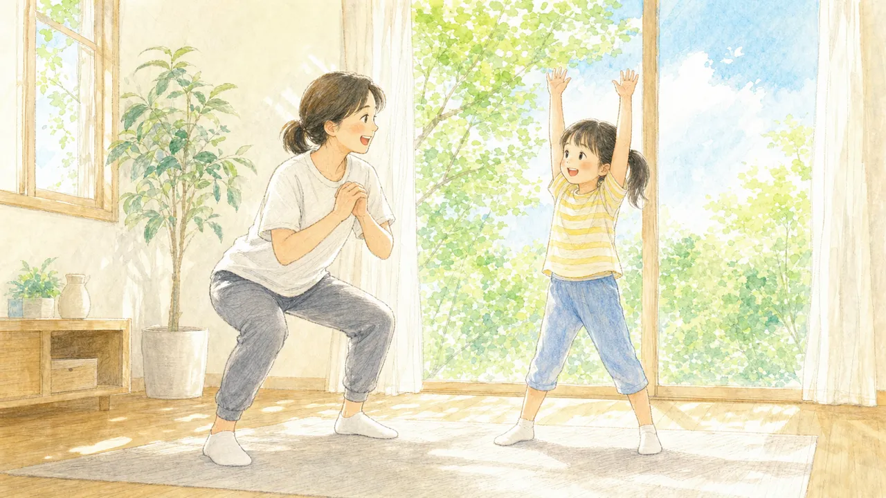 親子が向かい合って、楽しそうに準備運動をしている様子（イラスト）
