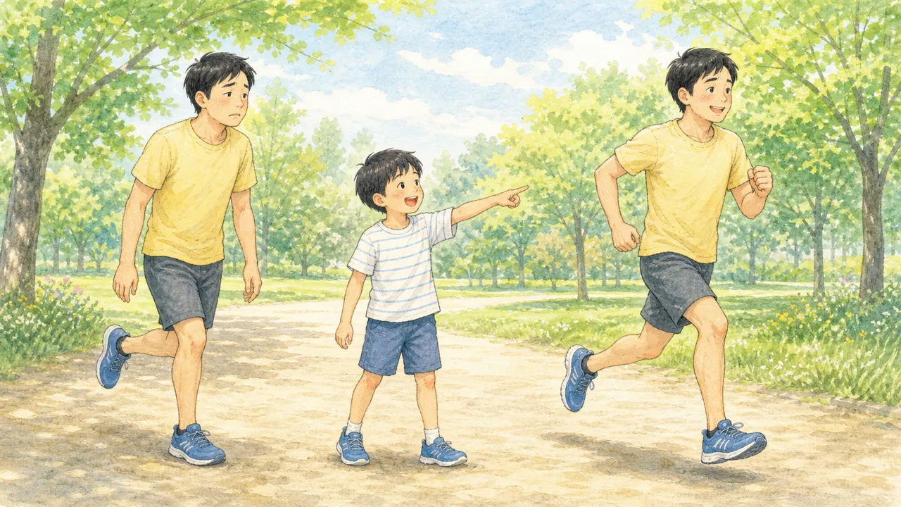 親が2種類の走り方をやって見せて、子どもが指さして選んでいる様子（イラスト）
