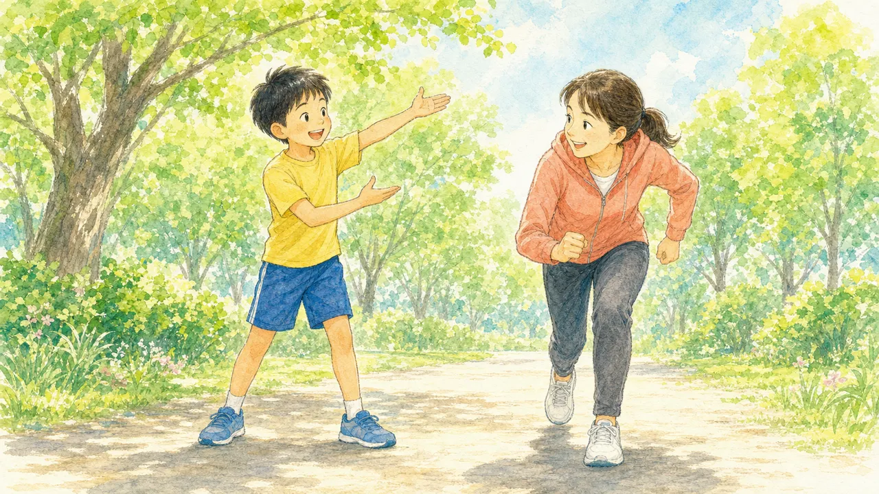 子どもがコーチ役になって、親の腕振りを身ぶりつきで直している様子（イラスト）