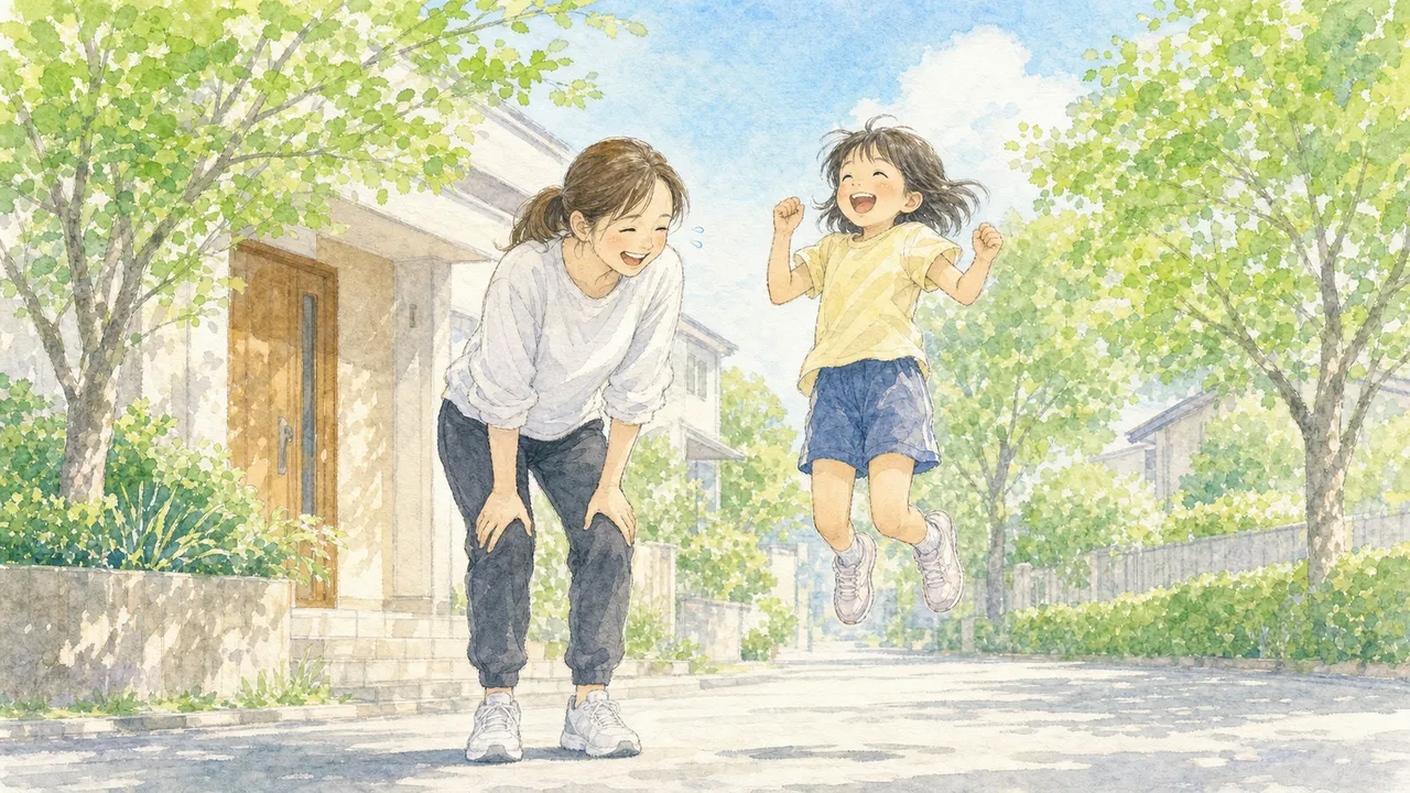 親子が並んでその場ジャンプをして、親のほうが息を切らしている様子（イラスト）