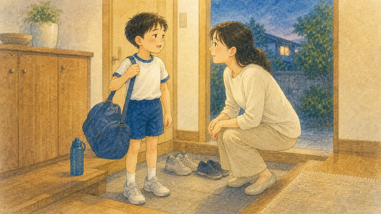 家の玄関先で、練習から帰ってきた子どもを迎えて話を聞いている母親の様子(イラスト)