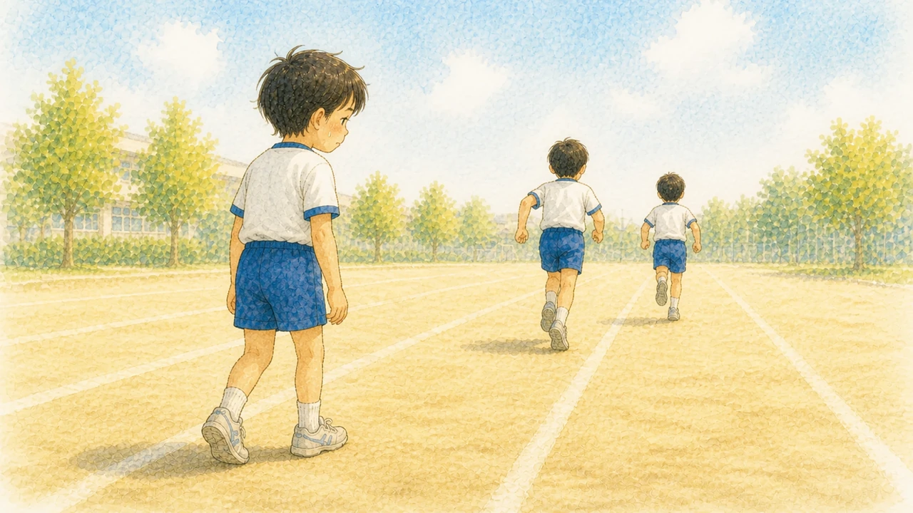 かけっこで先に行く子を後ろから見ながら、走るのをゆるめて立ち止まりかけている小学生の男の子の様子(イラスト)