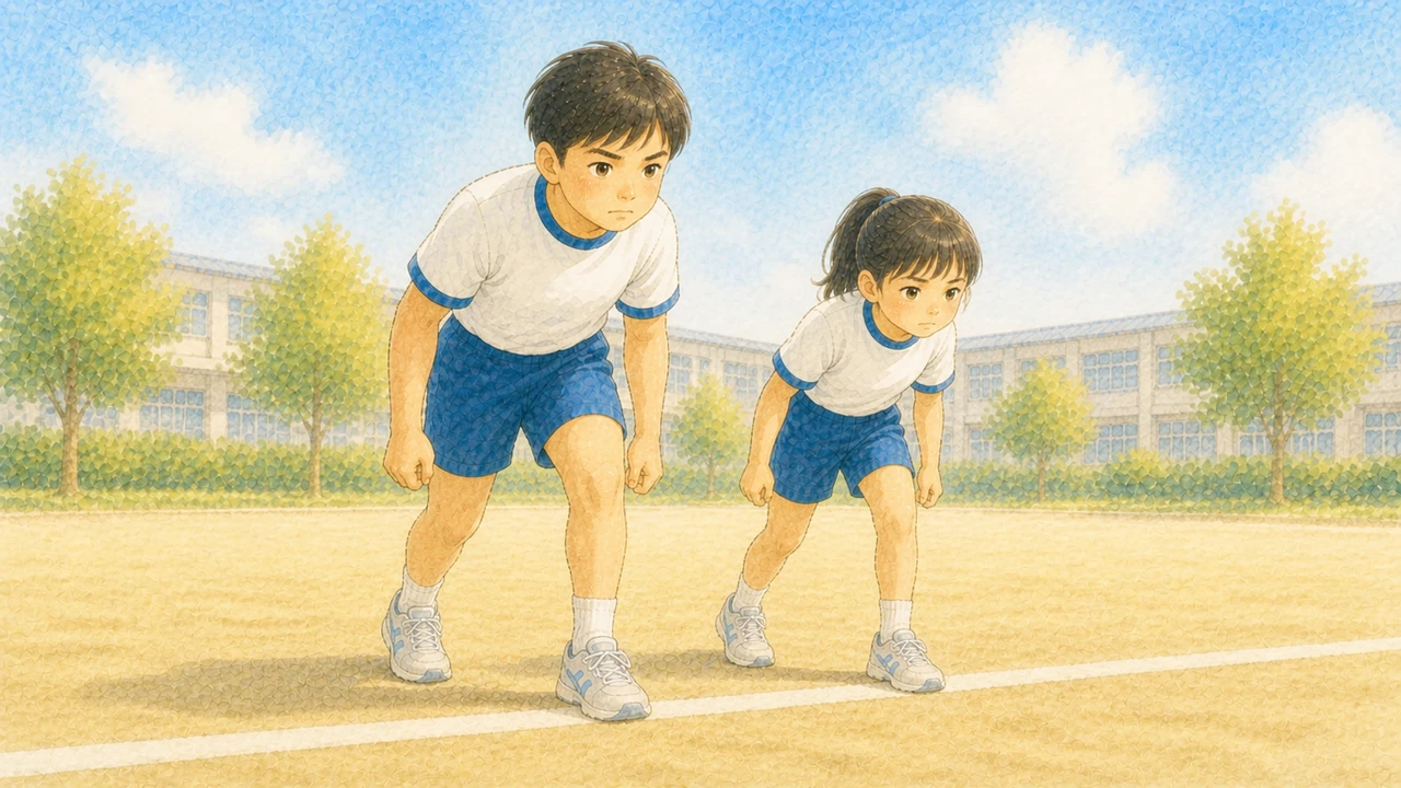 身長のちがう小学生2人が並んで立ち、同じスタートラインに足をそろえている様子(イラスト)