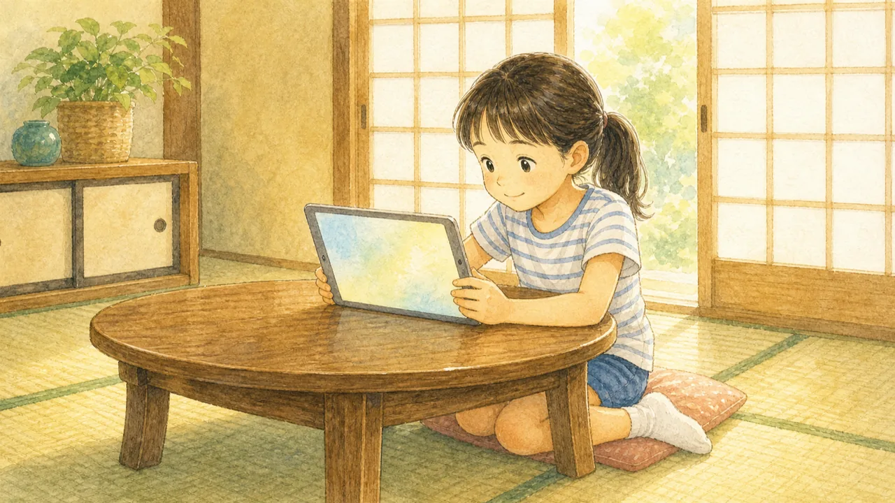 実家の和室で、座卓のそばに座ってタブレットの画面を見ている女の子（イラスト）