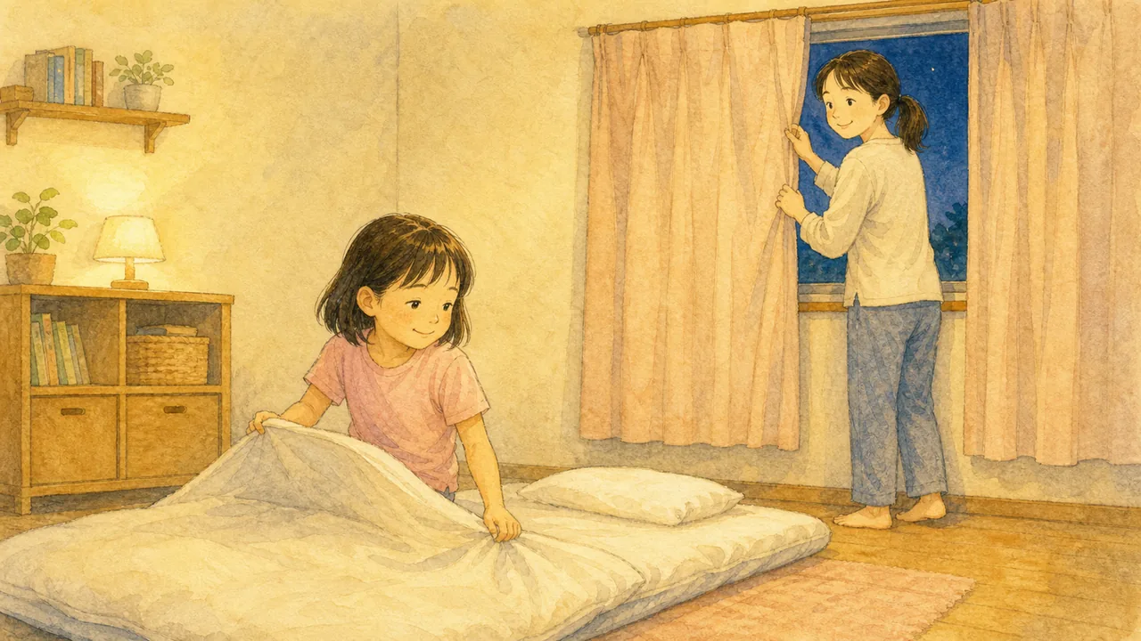 帰省から帰った日の夜、いつもの時間に布団に入る女の子と、カーテンを閉める母親（イラスト）