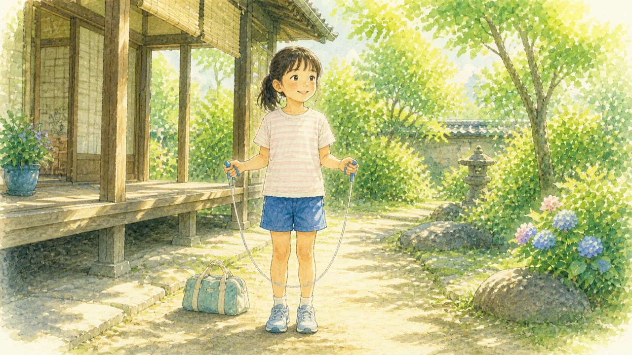 実家の庭先で、持ってきたなわとび1本だけを手にして立っている女の子（イラスト）