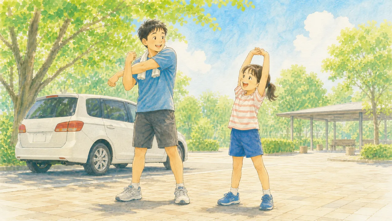 夏のサービスエリアで、車から降りて大きく背伸びをする女の子と、肩を回す父親（イラスト）