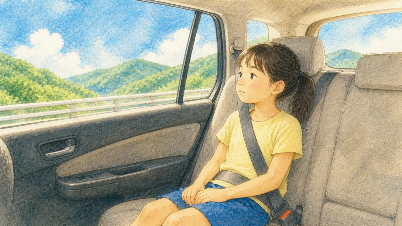 帰省の車の後部座席で、シートベルトをしたまま退屈そうに窓の外をながめる女の子（イラスト）
