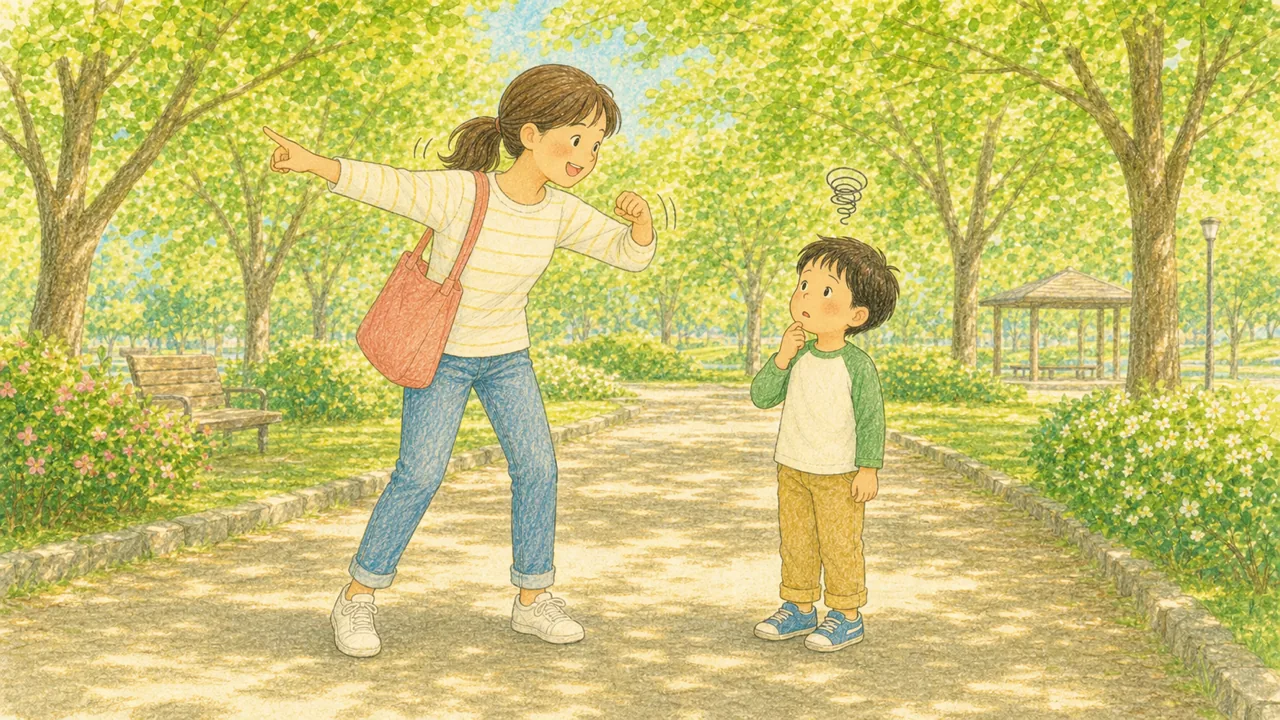 親が一度にいくつも指示を出し、子どもが困った顔で立ち止まっている様子（イラスト）