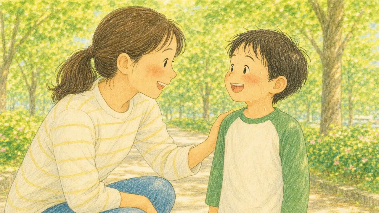 走り終えた子どもに、親が笑顔で声をかけている様子（イラスト）