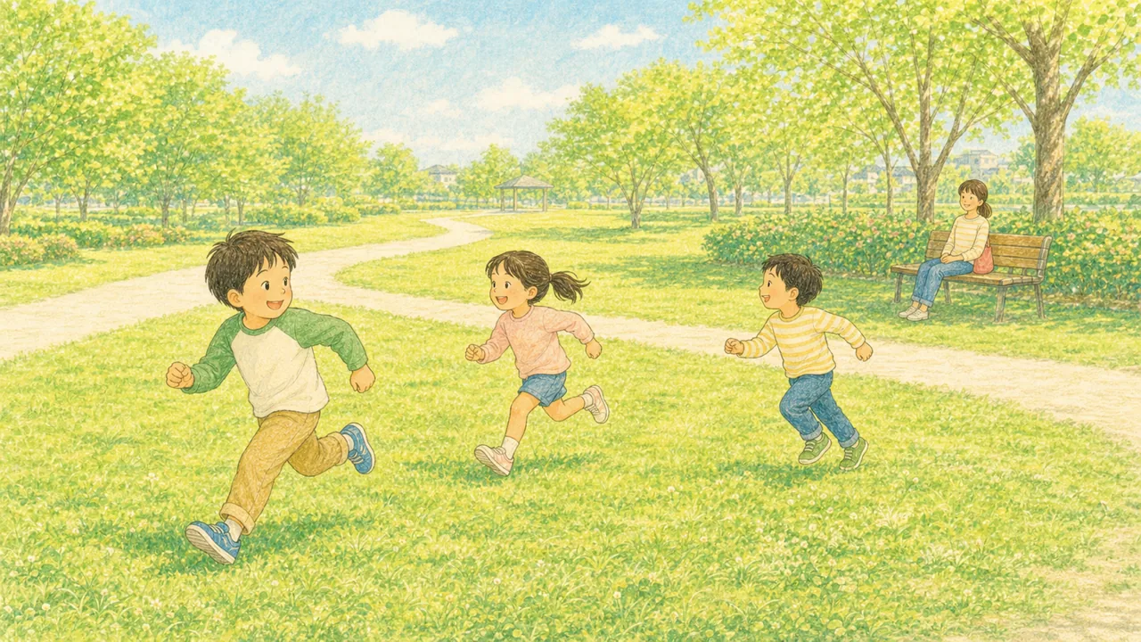 子どもが公園で友達と自由に走り回り、親が離れたベンチから見ている様子（イラスト）