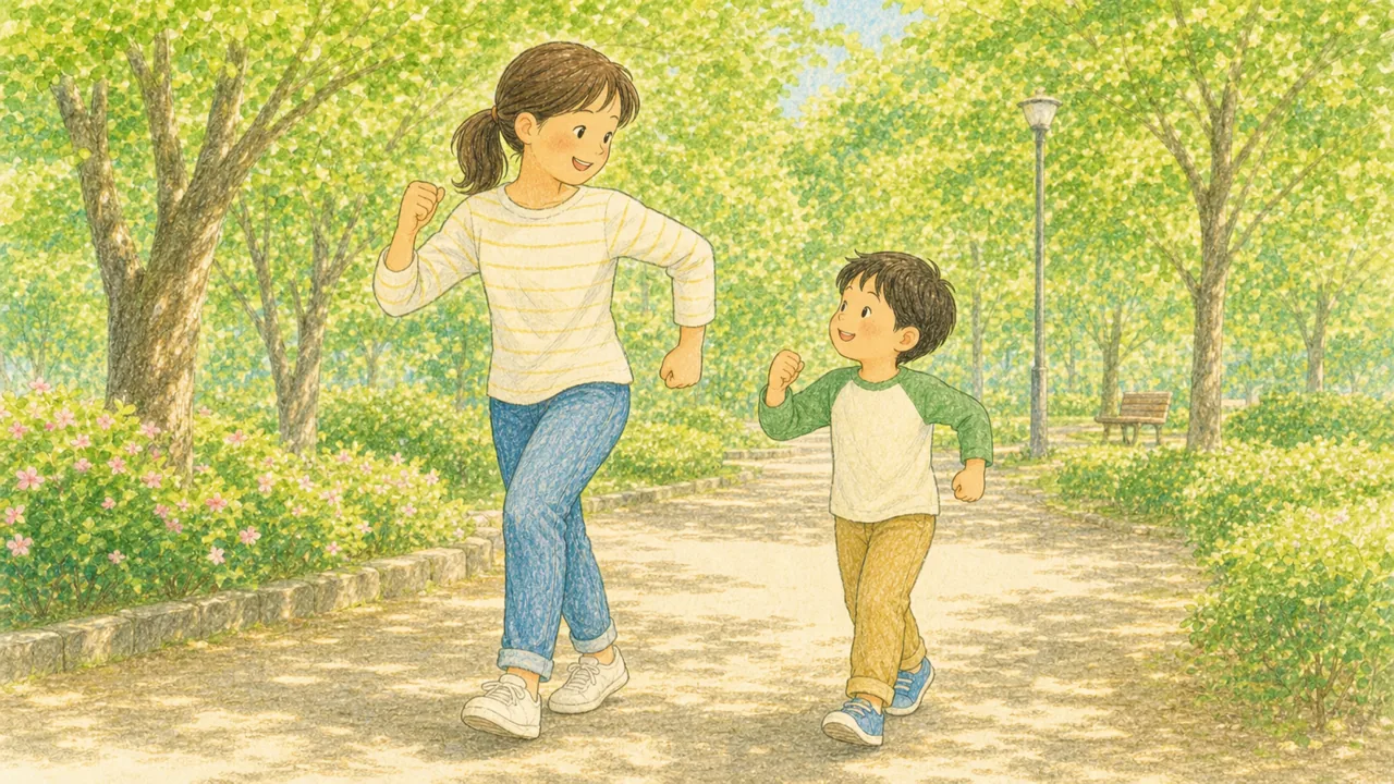 親と子が並んでその場で腕を振り、子どもが親の動きを真似している様子（イラスト）