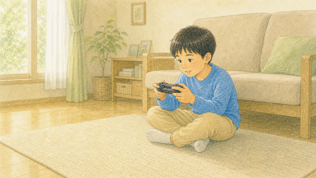 室内でゲームに夢中になっている子どもの様子（イラスト）