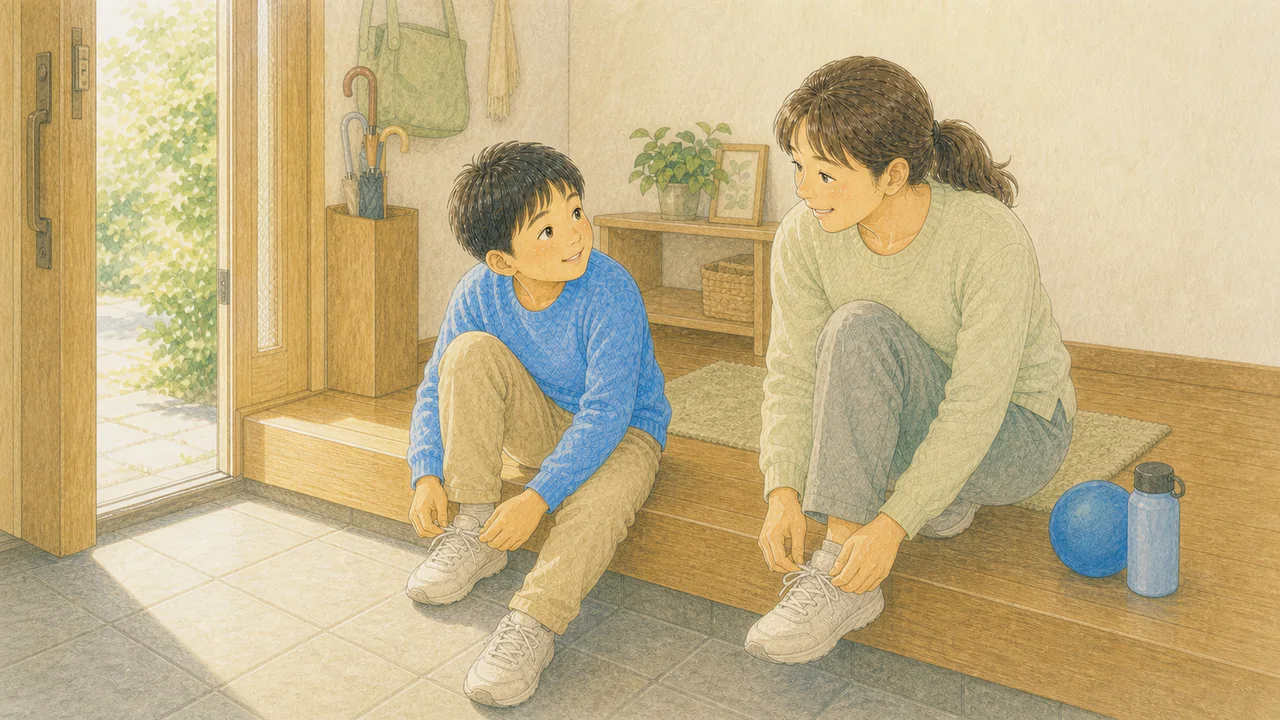 親子で一緒に外に出かける準備をしている様子（イラスト）