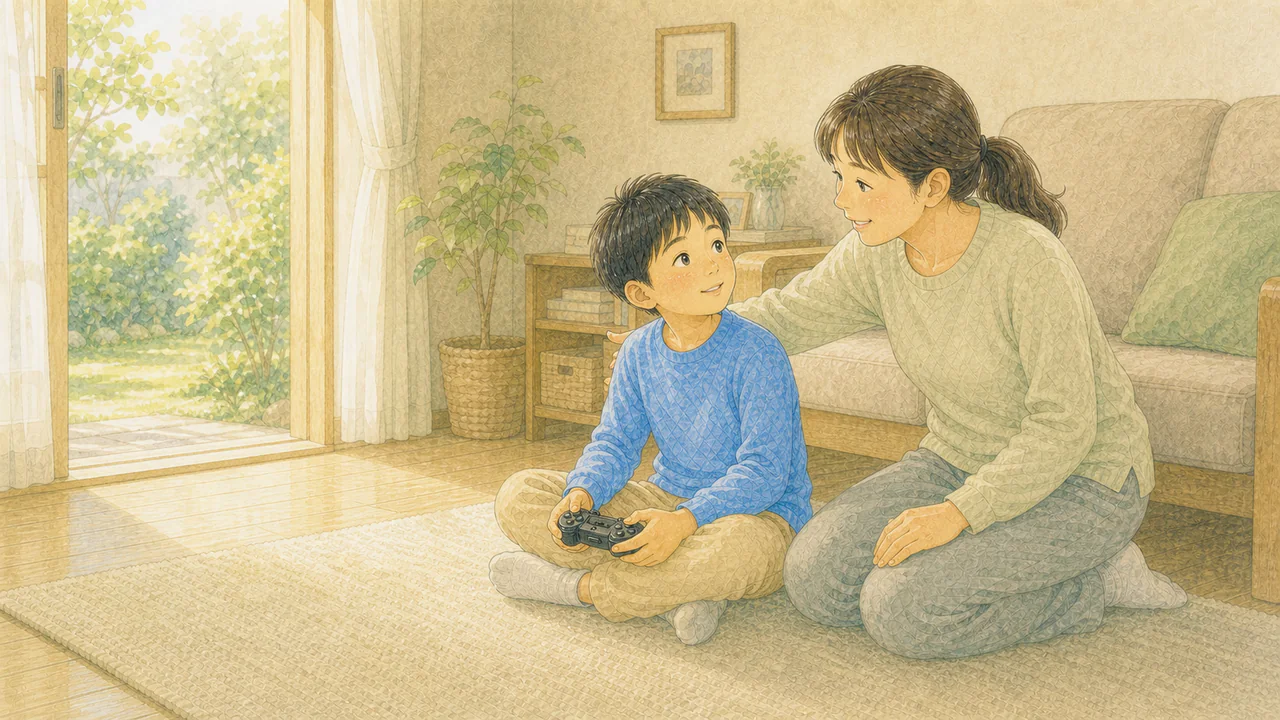 保護者が笑顔で外へ誘い、子どもが顔を上げる様子（イラスト）