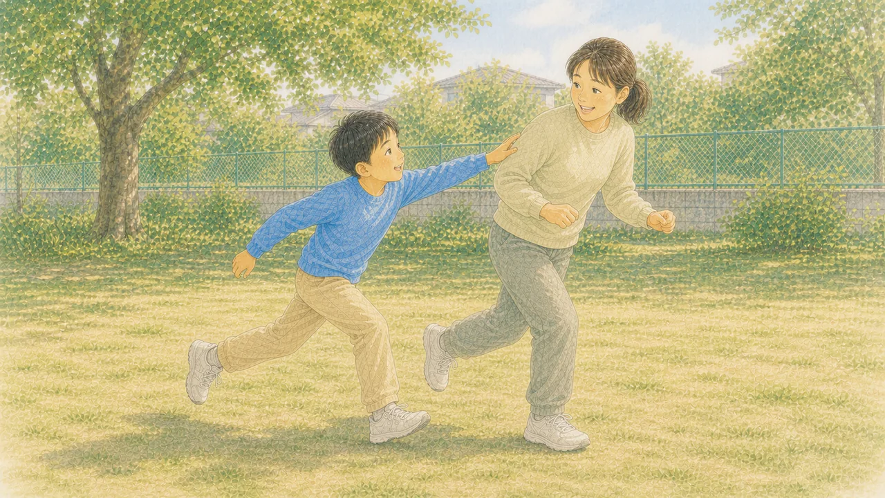 公園で親子が体を動かして楽しく遊んでいる様子（イラスト）