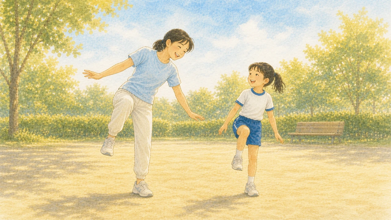 公園で母親と子どもが向かい合って片足立ちをして、母親のほうがぐらついて笑っている様子（イラスト）