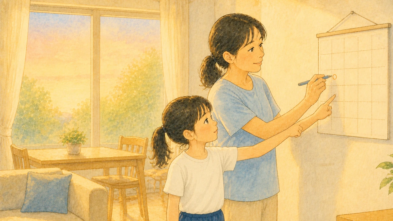 夕方のリビングで、母親と小学生の子どもが壁のカレンダーの前に立ち、お風呂の前の時間に印をつけて相談している様子（イラスト）
