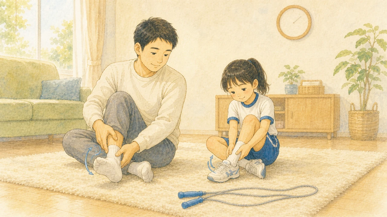 リビングの床で、父親と子どもが並んで足首を回すほぐしの動きをしている様子（イラスト）