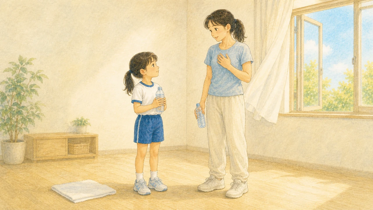 リビングで、動きを止めた母親と子どもが飲み物を手に、話しながら一息ついている様子（イラスト）