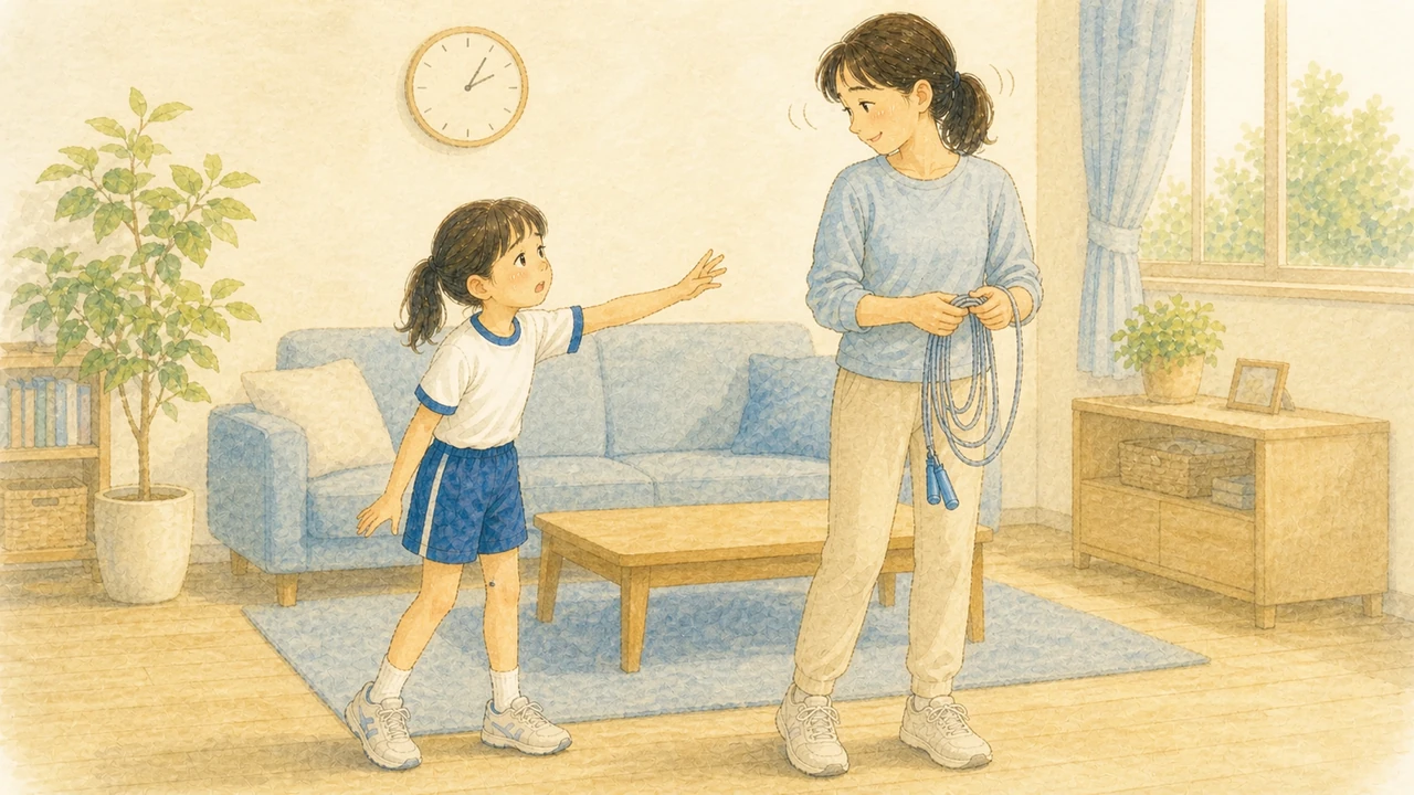 10分たって片づけを始める母親に、まだやりたそうな顔をした子どもが手を伸ばしている様子（イラスト）