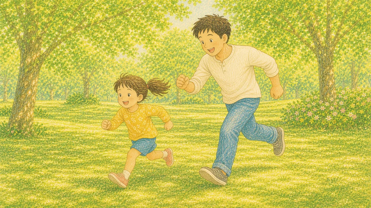 公園で親子が一緒に走って体を動かして遊ぶ様子（イラスト）