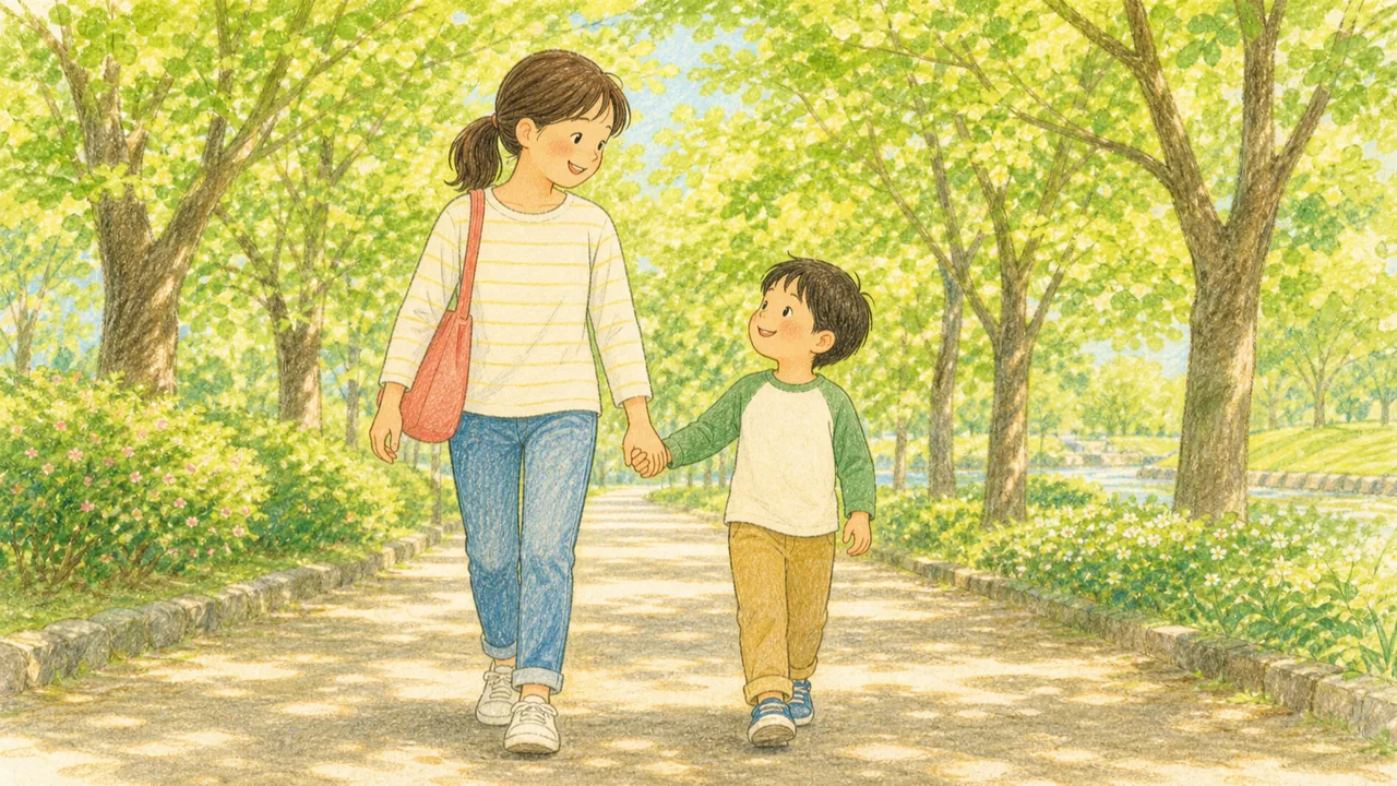 公園で親子が手をつないで穏やかに歩く様子（イラスト）