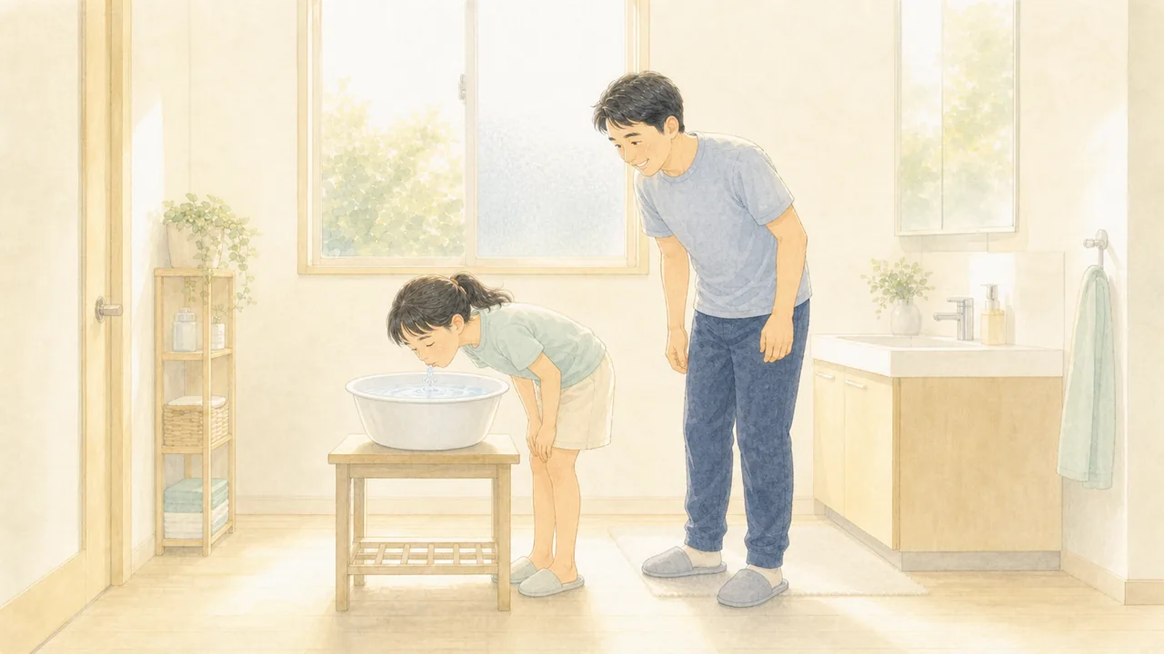 洗面器に口までつけて、子どもがブクブクと息を吐いている様子（イラスト）