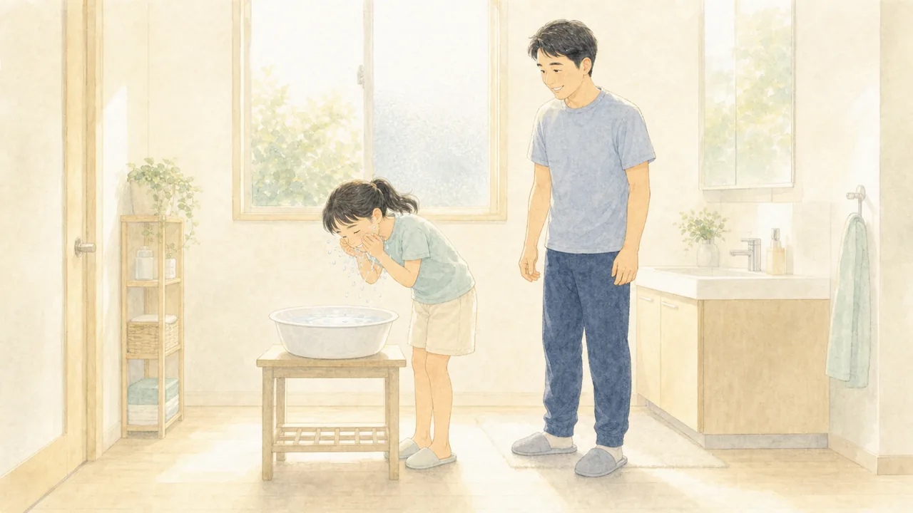 洗面所で、子どもが洗面器の水を手ですくって顔にかけ、保護者がとなりで見守っている様子（イラスト）