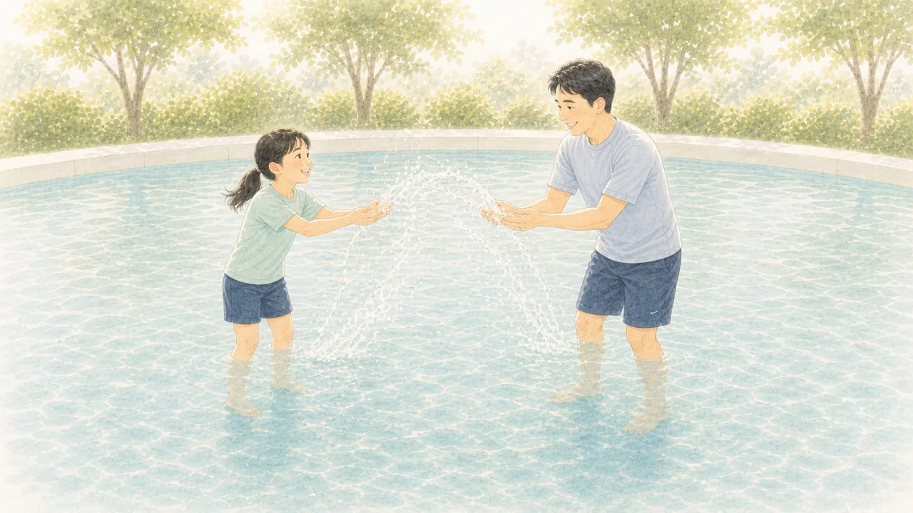 浅いプールで、親子が水をかけあって笑っている様子（イラスト）