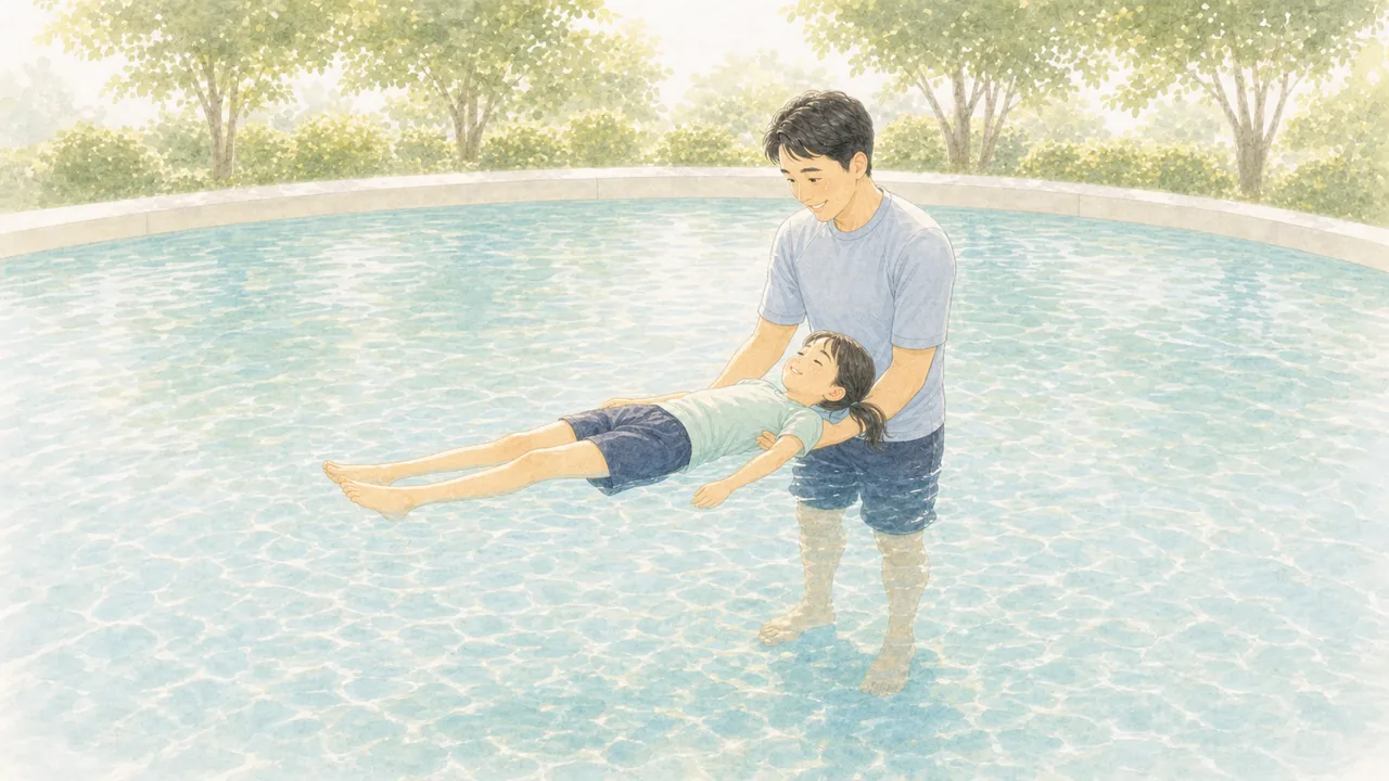プールで親が両手で体を支え、子どもが体をまっすぐ伸ばして浮いている様子（イラスト）