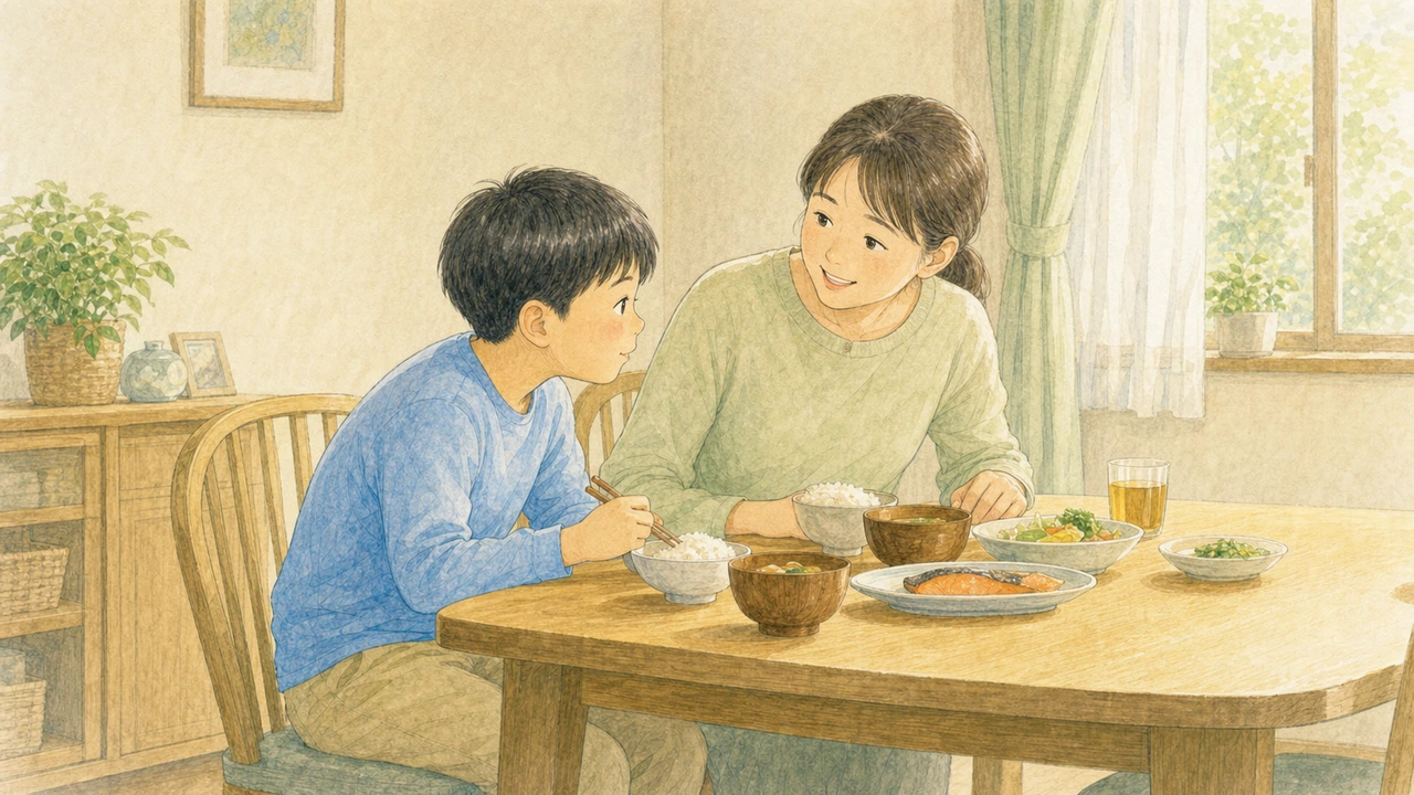 食事中に背中が丸くなっている子どもに、親がとなりでそっと声をかけている様子（イラスト）