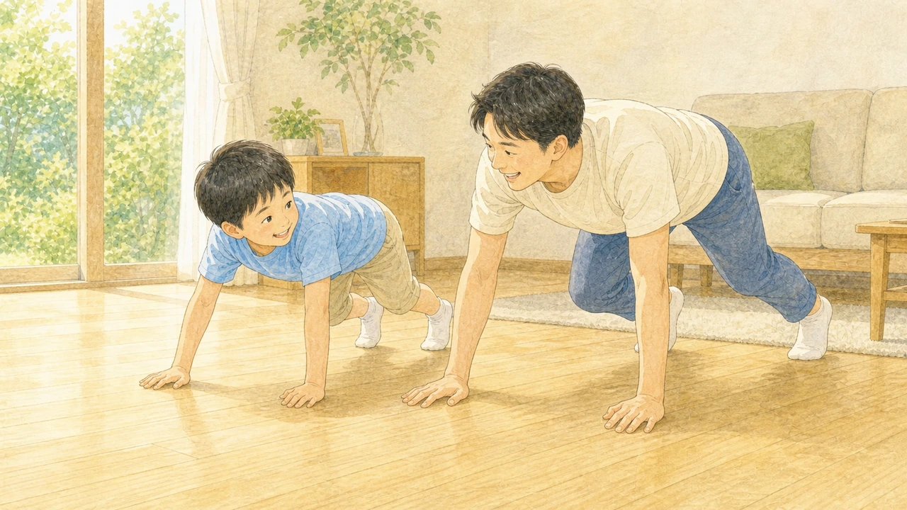 リビングでクマ歩きをする子どもと、それをまねする保護者の様子（イラスト）