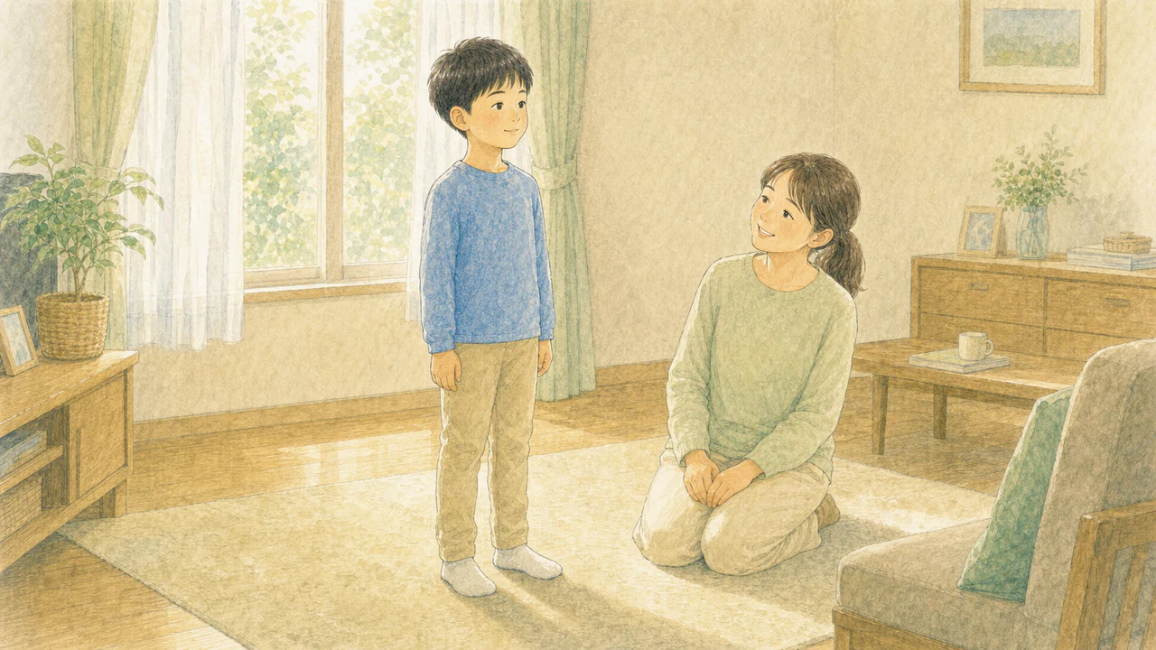 姿勢よく立てるようになった子どもを、保護者が笑顔で見守っている様子（イラスト）