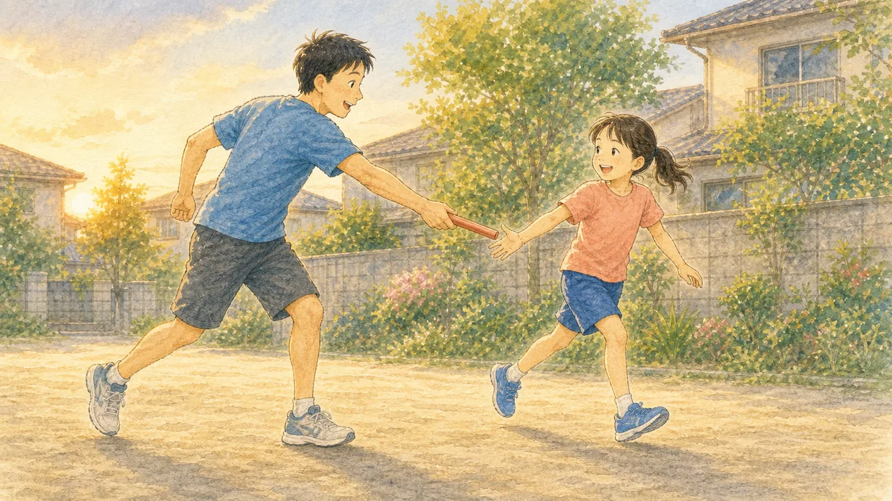 家の前の空き地で、バトンの受け渡しを練習する女の子と父親(イラスト)