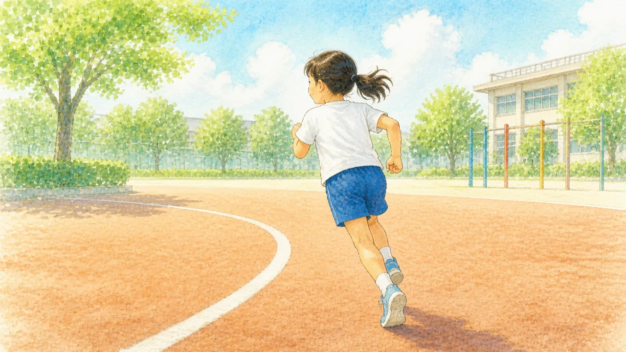 トラックのカーブを、足から頭まで一直線のまま体ごとわずかに内側へ傾けて走る女の子を、真後ろから見た様子(イラスト)