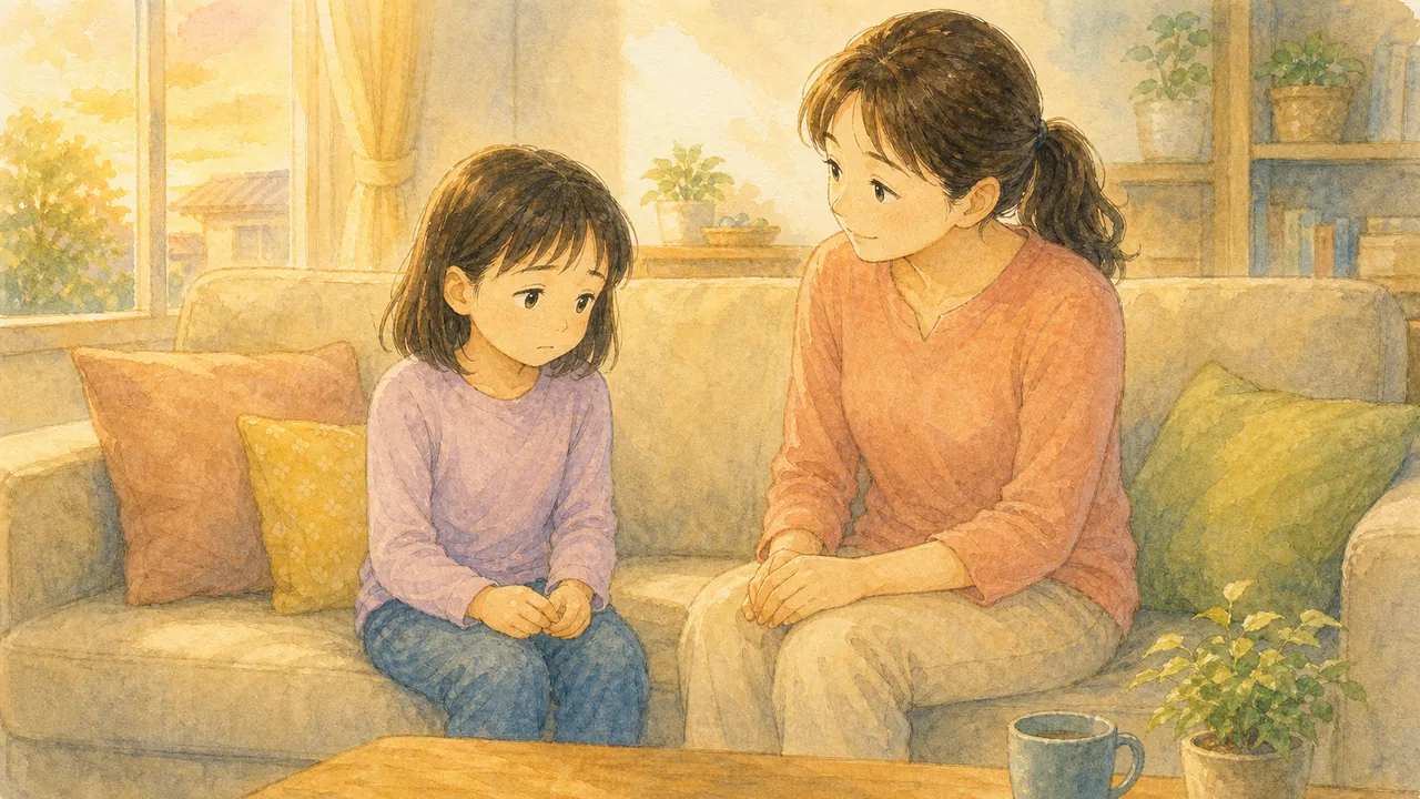 夕方のリビングで、元気をなくしてソファに座る女の子の話を静かに聞いている母親(イラスト)