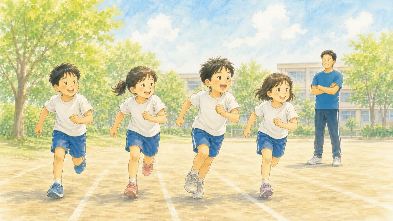 校庭で横一列に走る子どもたちと、少し離れて様子を見ている体操服姿の先生(イラスト)