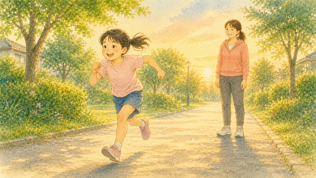 夕方の公園の直線の通路を、短い距離だけ全力で走る女の子と、少し離れて見ている母親(イラスト)