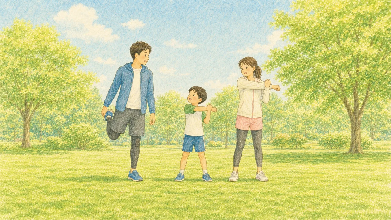心・技・体の3つがそろって走る力になることを表す親子のイメージ（イラスト）