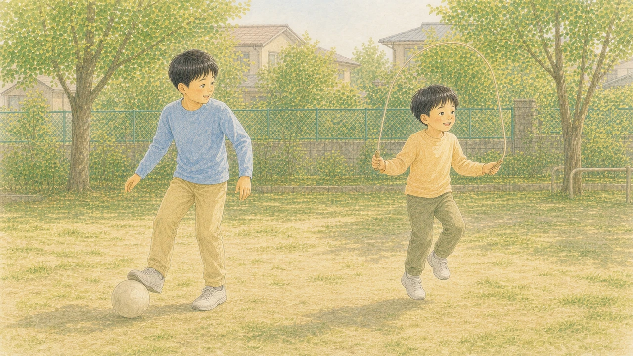 体つきも興味も違う二人のきょうだいが、それぞれ別の遊びを楽しんでいる様子（イラスト）
