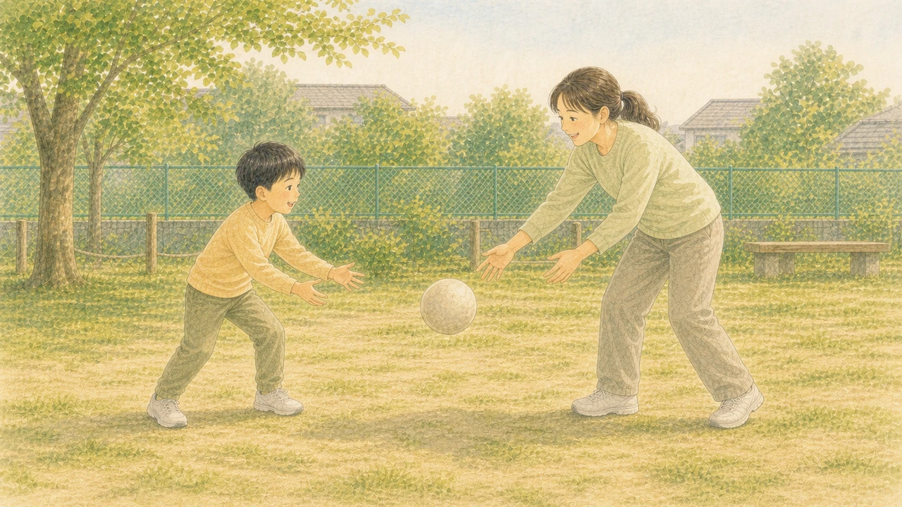 保護者が一人の子とだけ向き合い、公園で一緒に体を動かして遊ぶ様子（イラスト）