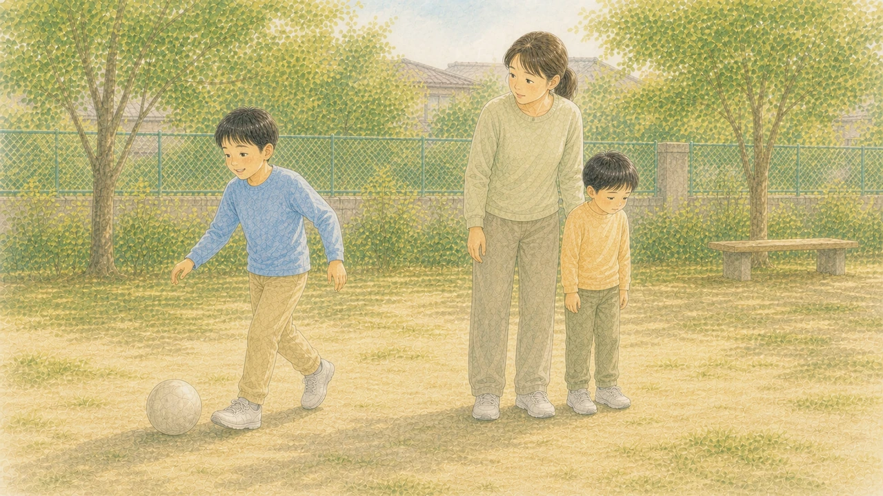 きょうだいを見比べる保護者と、となりでしょんぼりする下の子の様子（イラスト）