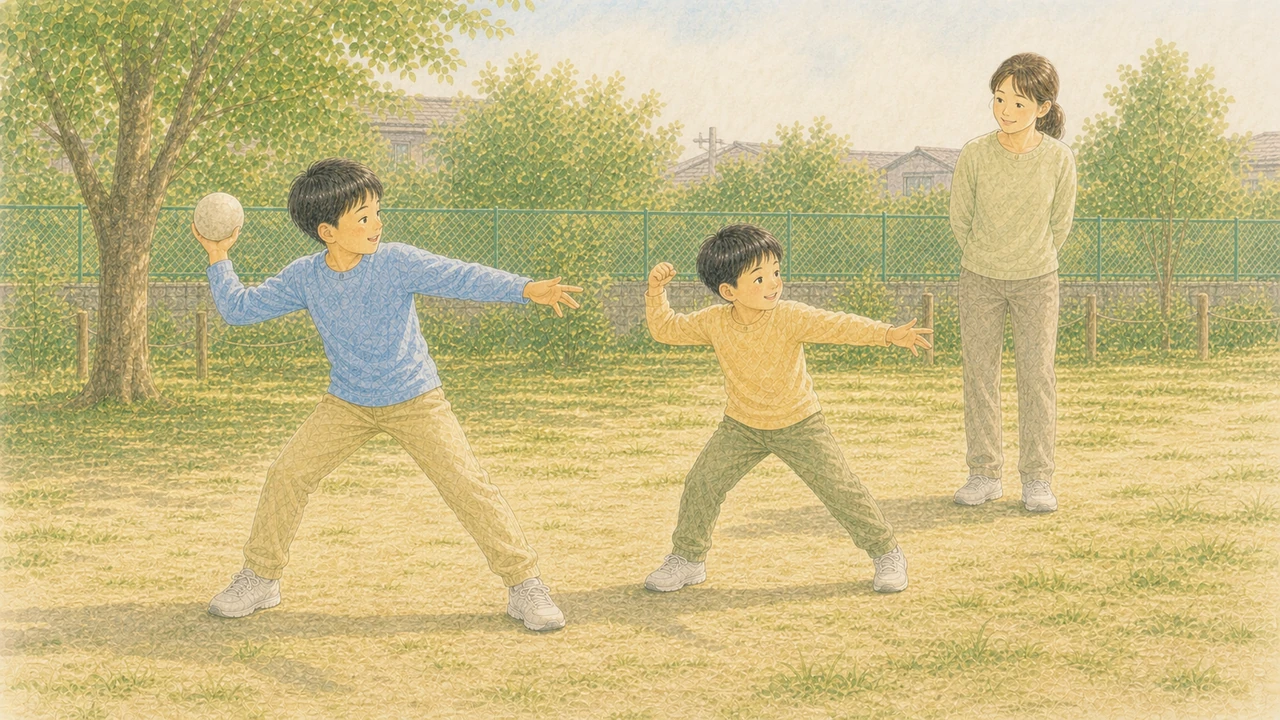 上のきょうだいが下の子に動きのコツを教え、保護者がそばで見守る様子（イラスト）