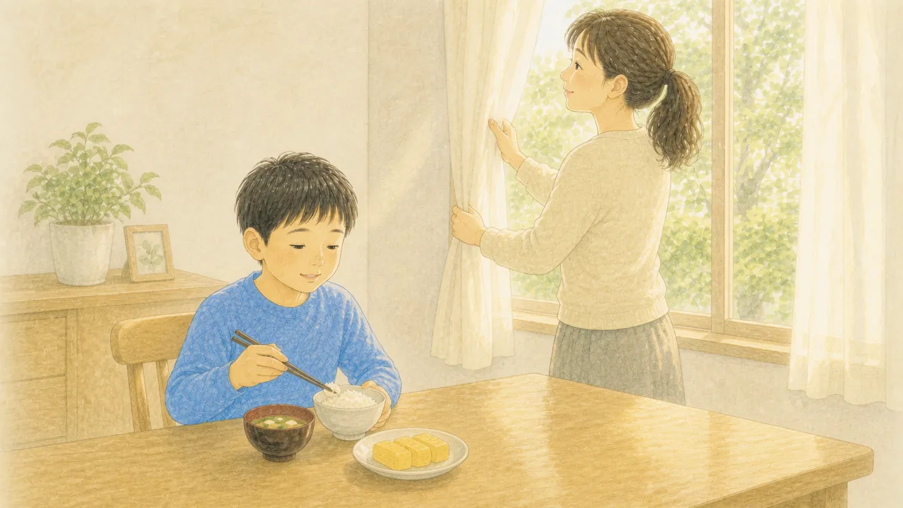 朝のダイニングで、母親がカーテンを開けて光を入れ、男の子が朝ごはんを食べはじめている様子（イラスト）