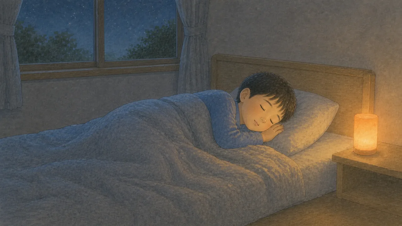 夜の子ども部屋で、小学生の男の子が枕元の小さな明かりのそばで安らかに眠っている様子（イラスト）