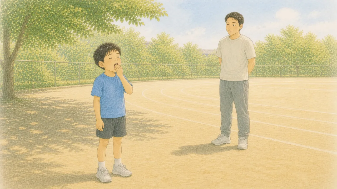 練習中のグラウンドで、眠そうにあくびをする男の子と、それに気づいて静かに見守るコーチの様子（イラスト）