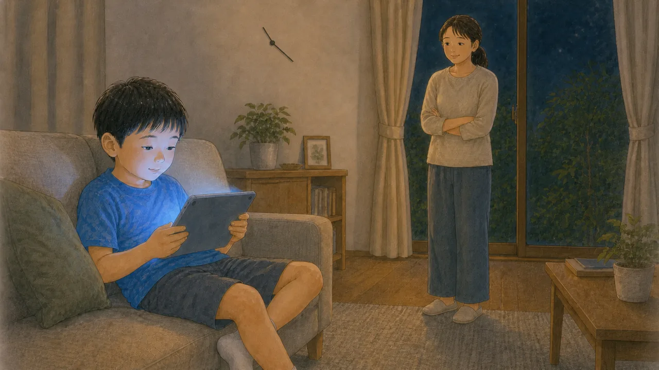 夜おそくのリビングで、ソファでタブレットを見ている男の子と、少し離れて様子を見ている母親（イラスト）