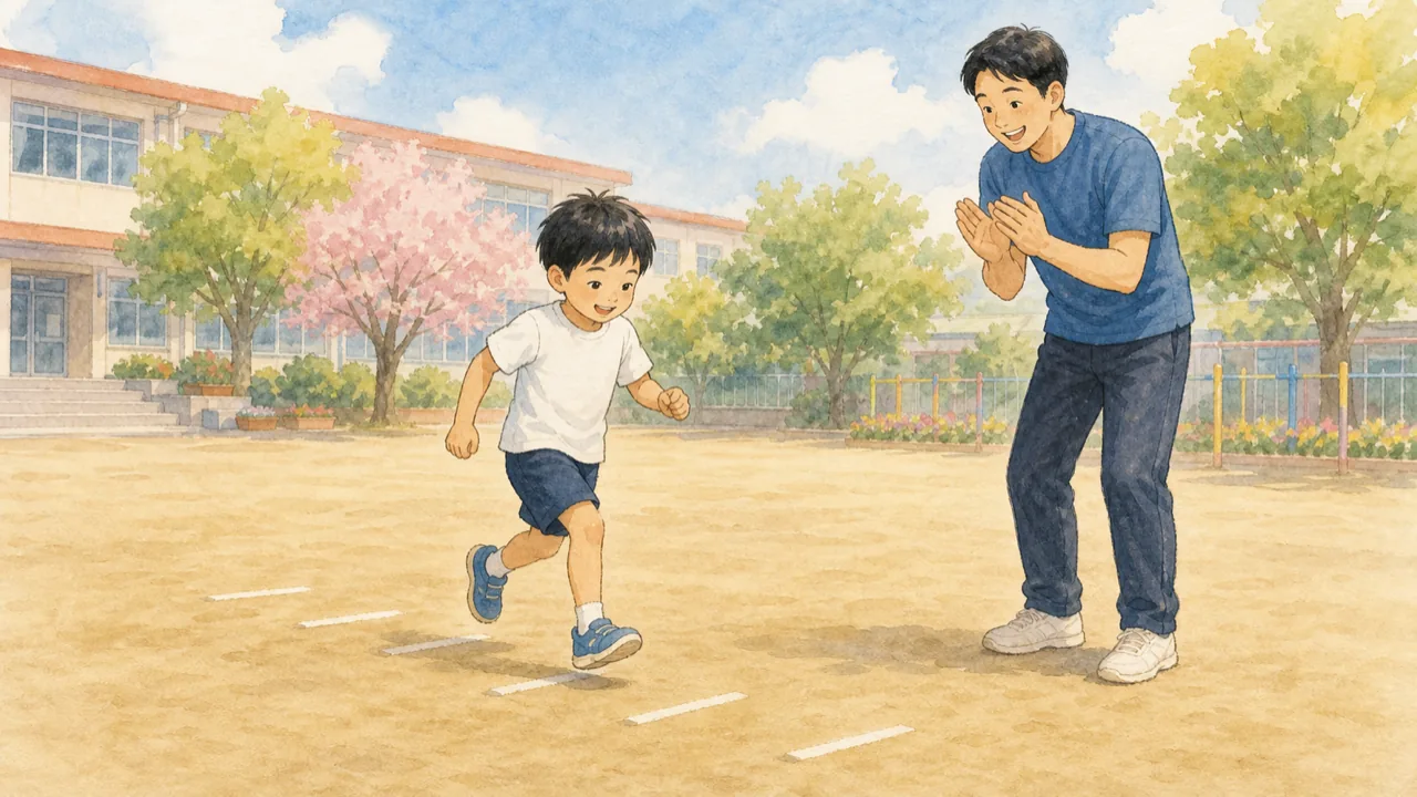 校庭の地面に引いた線をリズムよく踏んで進む子と、手拍子で合図するコーチの様子（イラスト）
